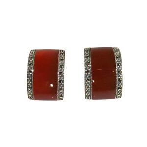Vintage Art Deco Style Sterling Silver Marcasite Carnelian Arched Post Back Earr